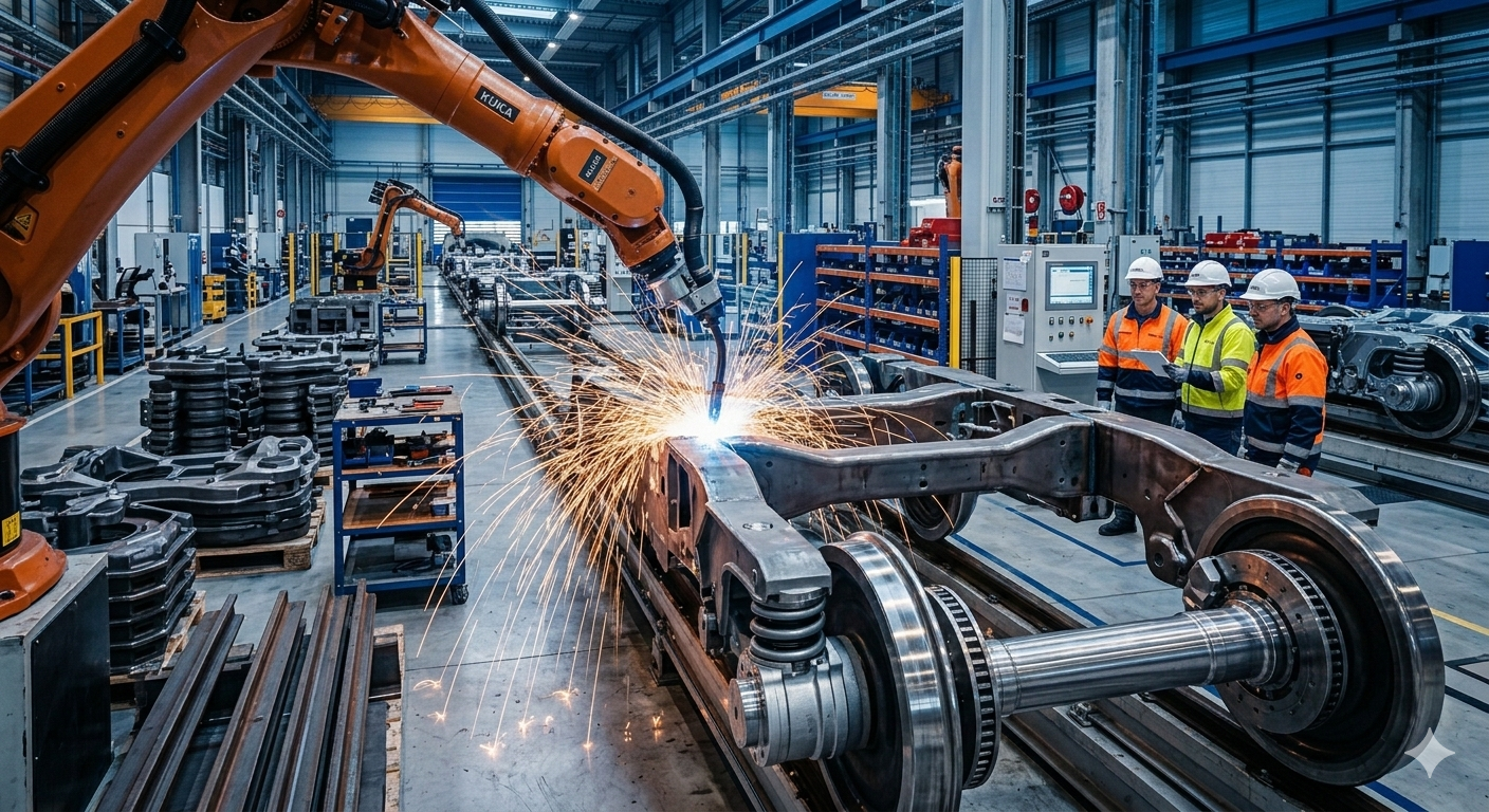 Close-up view of a train bogie and wheelset being manufactured in a heavy engineering workshop with sparks flying from robotic welding machines working on steel rail components with industrial blue and orange lighting and metal parts gears and axles on the factory floor